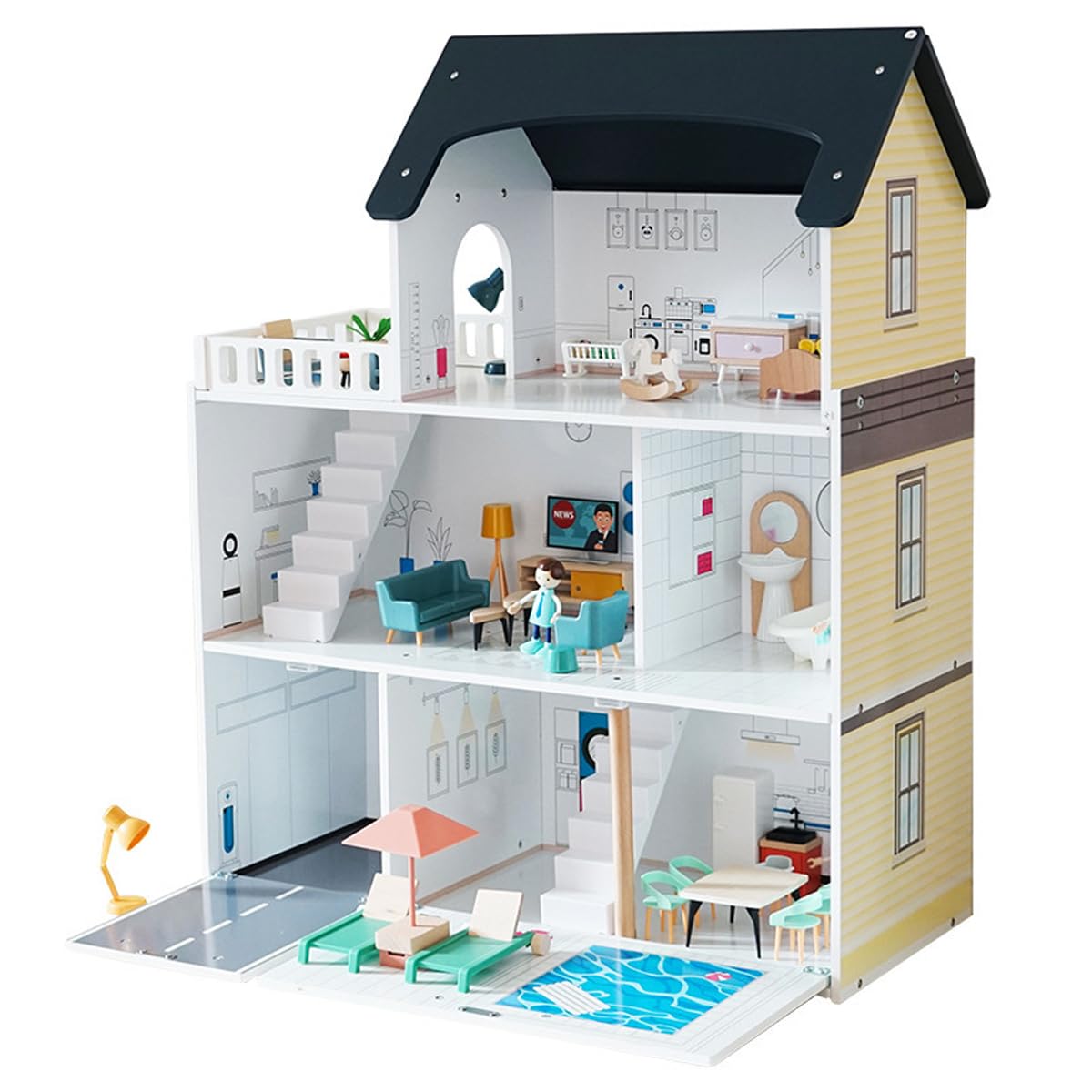 木製ドールハウス 3階建て 家具付き 海外製 Amazon | 木製ドールハウス、大型 3 階建て DIY 城ドールハウス (家具
